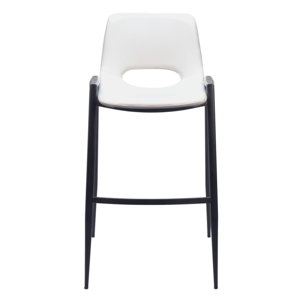 Set of Two 30" White And Black Faux Leather And Fabric And Steel Low Back Bar Height Bar Chairs