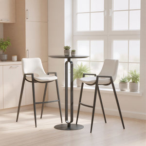 Set of Two 30" White and Black Faux Leather and Steel Low Back Bar Height Bar Chairs