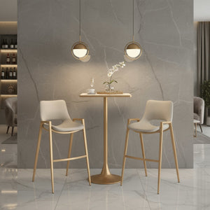 Set of Two 30" Beige And Gold Faux Leather And Steel Low Back Bar Height Bar Chairs