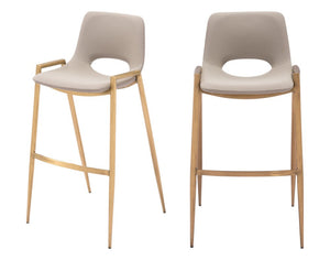 Set of Two 30" Beige And Gold Faux Leather And Steel Low Back Bar Height Bar Chairs