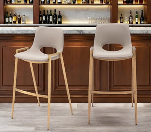 Set of Two 30" Beige And Gold Faux Leather And Steel Low Back Bar Height Bar Chairs