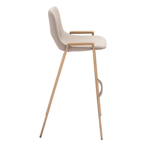 Set of Two 30" Beige And Gold Faux Leather And Steel Low Back Bar Height Bar Chairs