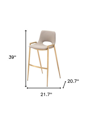 Set of Two 30" Beige And Gold Faux Leather And Fabric And Steel Low Back Bar Height Bar Chairs