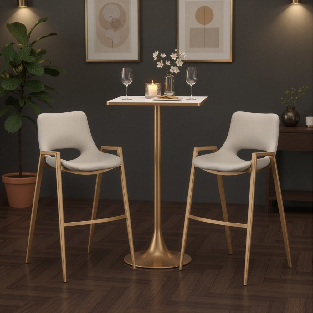 Set of Two 30" Beige And Gold Faux Leather And Steel Low Back Bar Height Bar Chairs