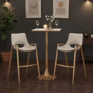 Set of Two 30" Beige And Gold Faux Leather And Steel Low Back Bar Height Bar Chairs