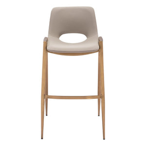 Set of Two 30" Beige And Gold Faux Leather And Steel Low Back Bar Height Bar Chairs