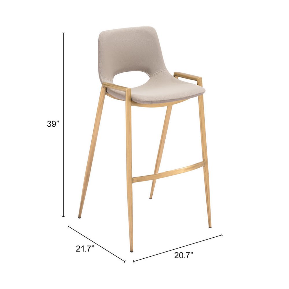 Set of Two 30" Beige And Gold Faux Leather And Steel Low Back Bar Height Bar Chairs
