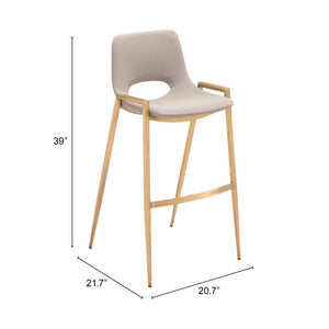 Set of Two 30" Beige And Gold Faux Leather And Steel Low Back Bar Height Bar Chairs