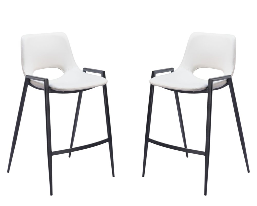 Set of Two 26" White And Black Faux Leather And Fabric And Steel Low Back Counter Height Bar Chairs