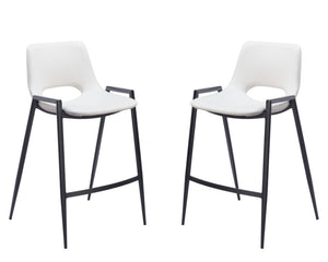 Set of Two 26" White And Black Faux Leather And Fabric And Steel Low Back Counter Height Bar Chairs