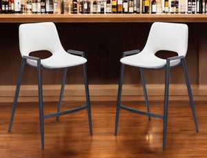 Set of Two 26" White and Black Faux Leather and Steel Low Back Counter Height Bar Chairs