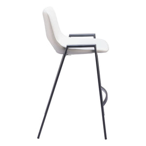 Set of Two 26" White And Black Faux Leather And Fabric And Steel Low Back Counter Height Bar Chairs
