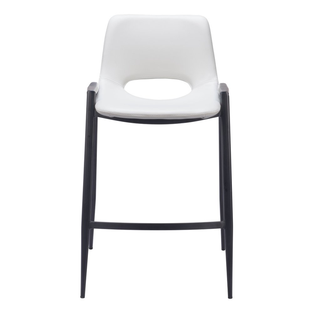 Set of Two 26" White And Black Faux Leather And Fabric And Steel Low Back Counter Height Bar Chairs