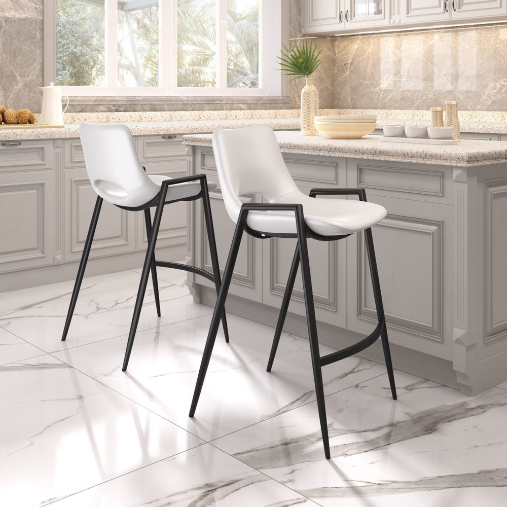 Set of Two 26" White and Black Faux Leather and Steel Low Back Counter Height Bar Chairs