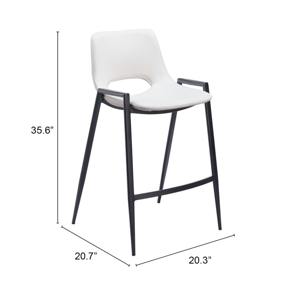 Set of Two 26" White and Black Faux Leather and Steel Low Back Counter Height Bar Chairs