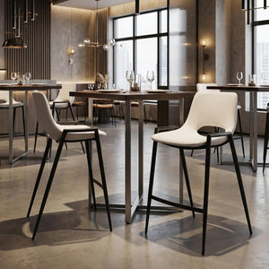 Set of Two 26" White And Black Faux Leather And Fabric And Steel Low Back Counter Height Bar Chairs