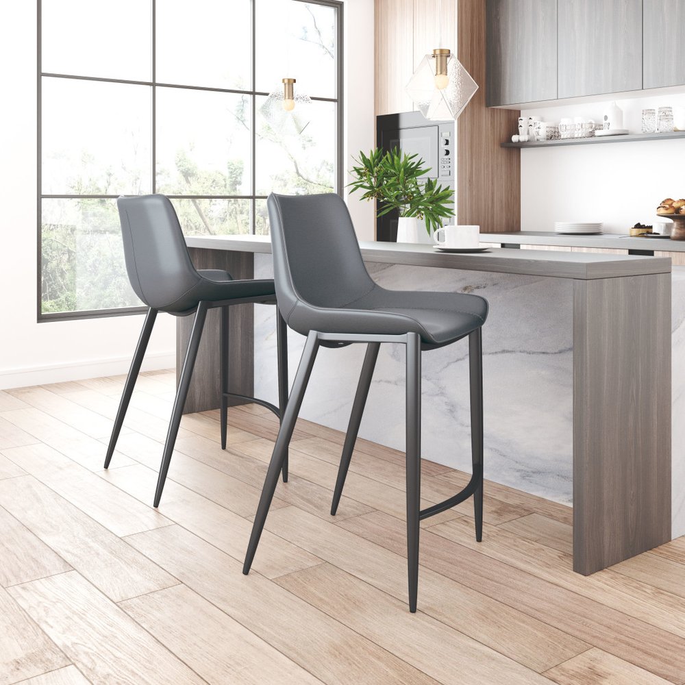Set of Two 30" Dark Gray And Black Faux Leather And Steel Bar Height Bar Chairs
