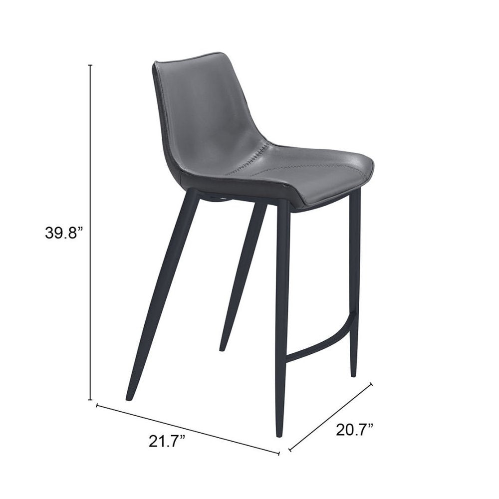 Set of Two 26" Dark Gray And Black Faux Leather And Steel Counter Height Bar Chairs
