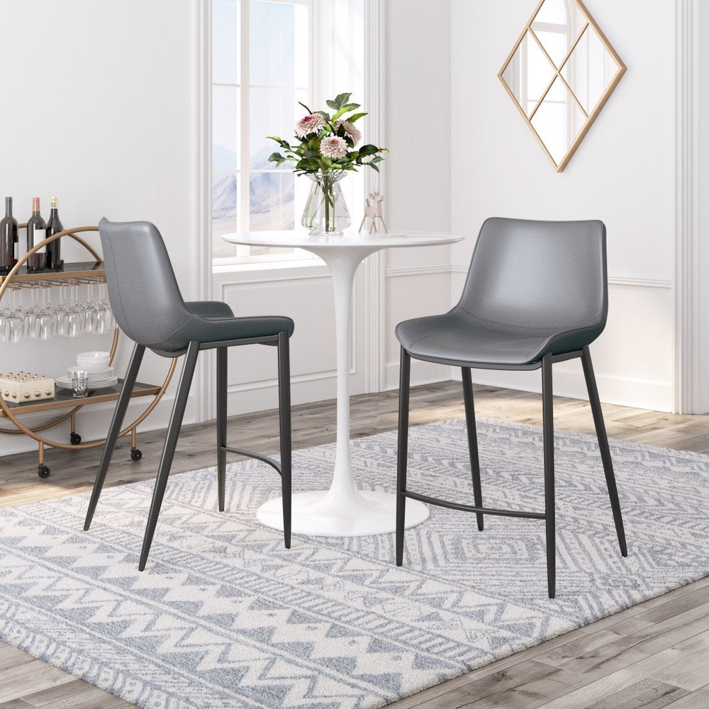Set of Two 26" Dark Gray And Black Faux Leather And Steel Counter Height Bar Chairs