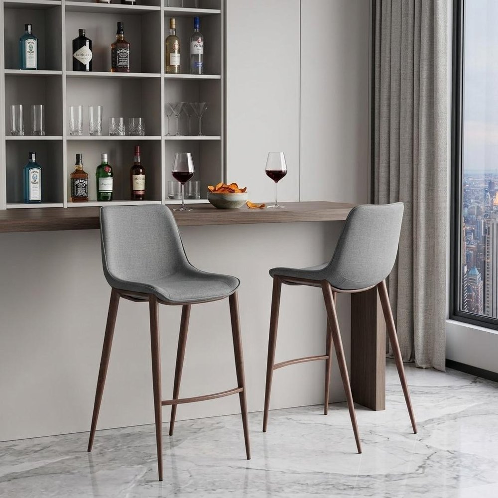 Set of Two 30" Slate Gray and Brown Faux Leather and Steel Bar Height Bar Chairs