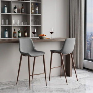 Set of Two 30" Slate Gray and Brown Faux Leather and Steel Bar Height Bar Chairs