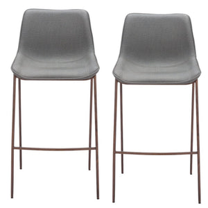 Set of Two 30" Slate Gray and Brown Faux Leather and Steel Bar Height Bar Chairs