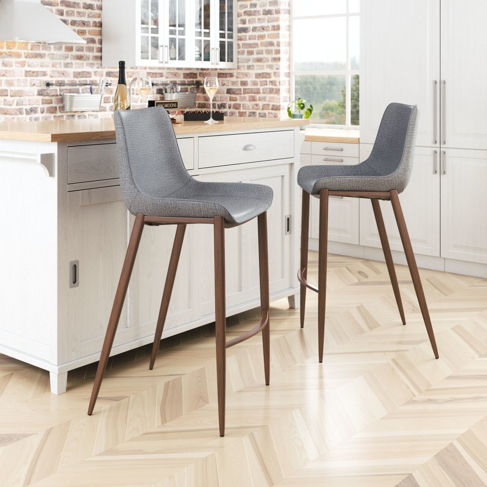 Set of Two 30" Slate Gray and Brown Faux Leather and Steel Bar Height Bar Chairs