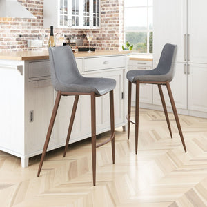 Set of Two 30" Slate Gray and Brown Faux Leather and Steel Bar Height Bar Chairs