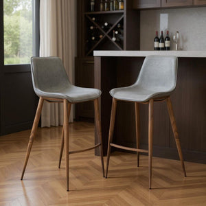 Set of Two 30" Slate Gray and Brown Faux Leather and Steel Bar Height Bar Chairs