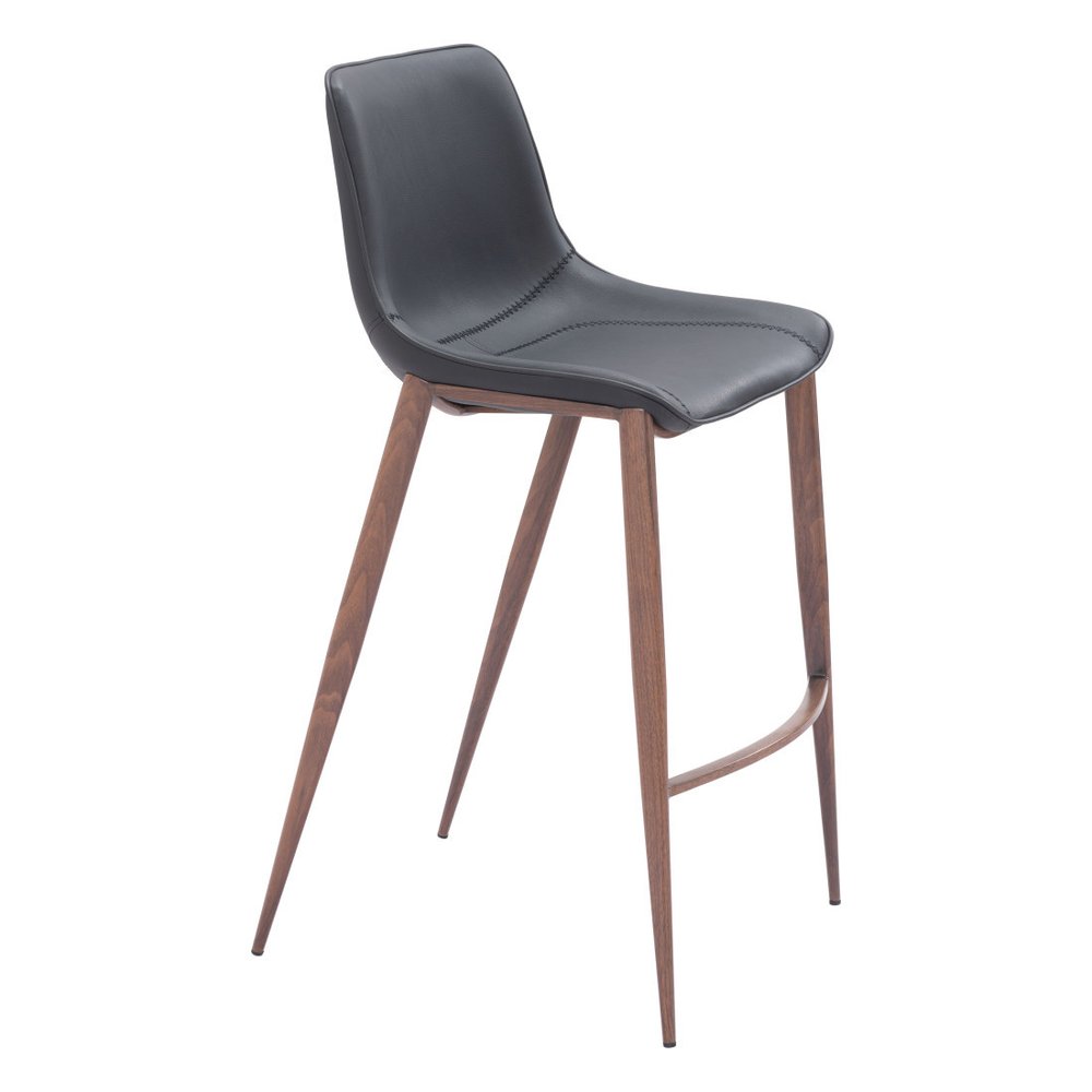 Set of Two 30" Black And Brown Faux Leather And Steel Bar Height Bar Chairs