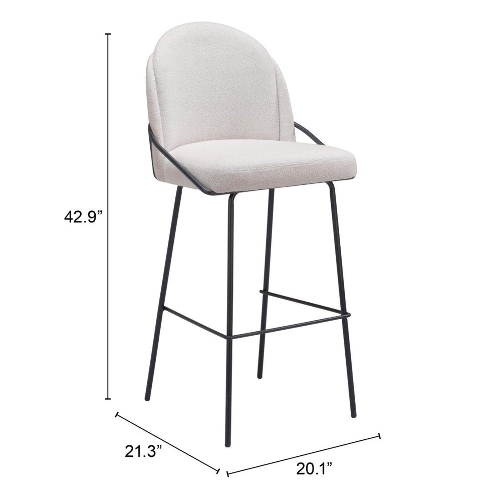 Set of Two 30" Ivory And Black Shearling And Steel Bar Height Bar Chairs