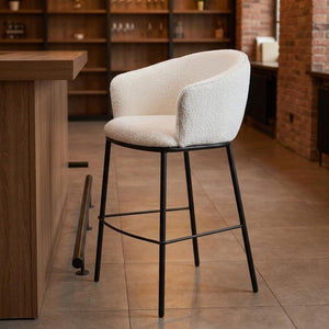 30" Ivory And Black Shearling And Fabric And Steel Bar Height Bar Chair
