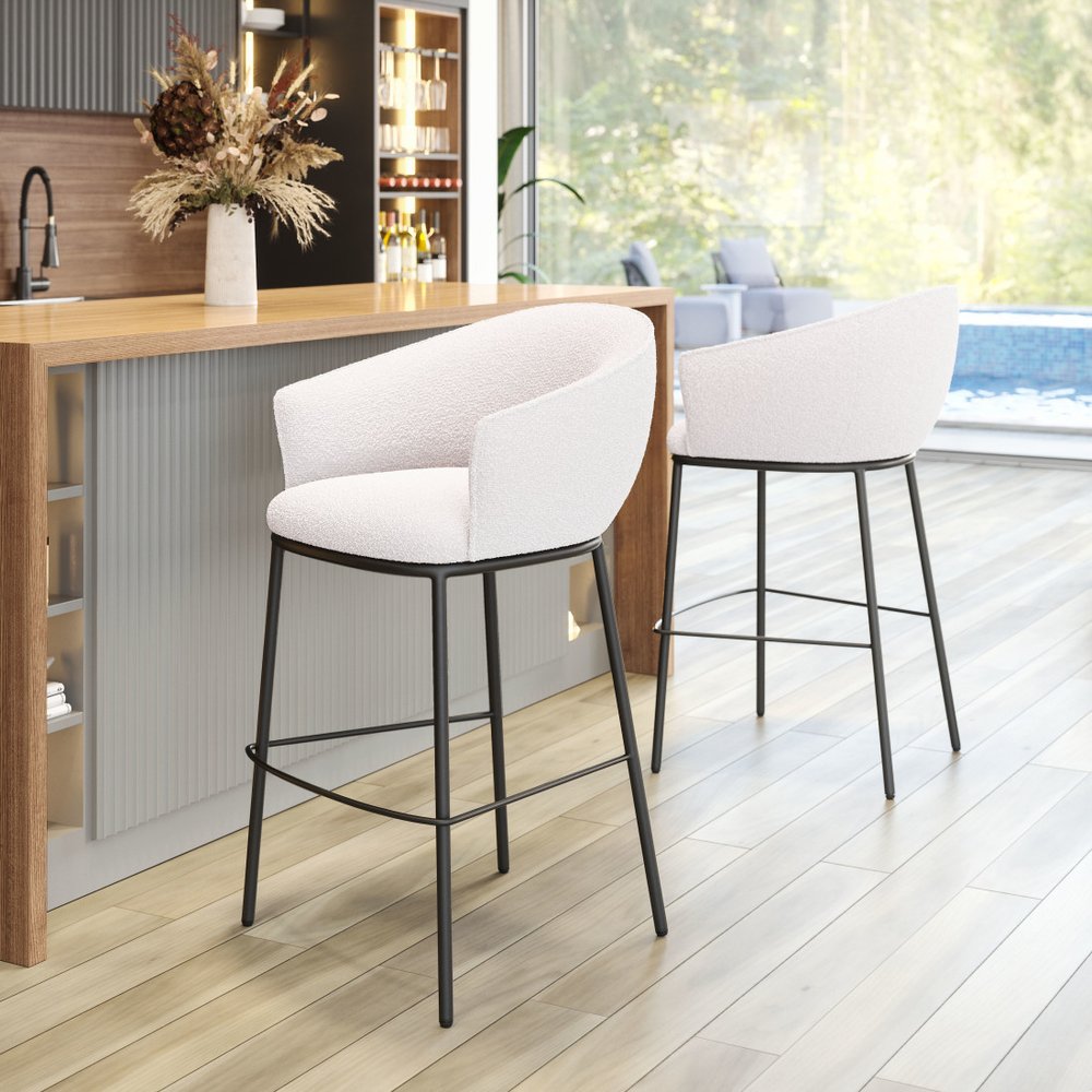 30" Ivory And Black Shearling And Steel Bar Height Bar Chair