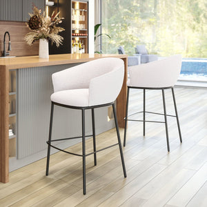 30" Ivory And Black Shearling And Steel Bar Height Bar Chair