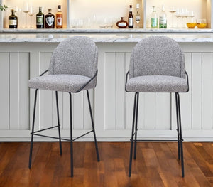 Set of Two 30" Light Gray And Black Shearling And Steel Bar Height Bar Chairs