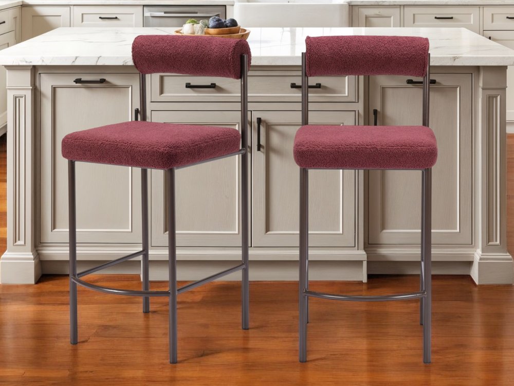 Set of Two 26" Red and Bronze Shearling and Steel Low Back Counter Height Bar Chairs