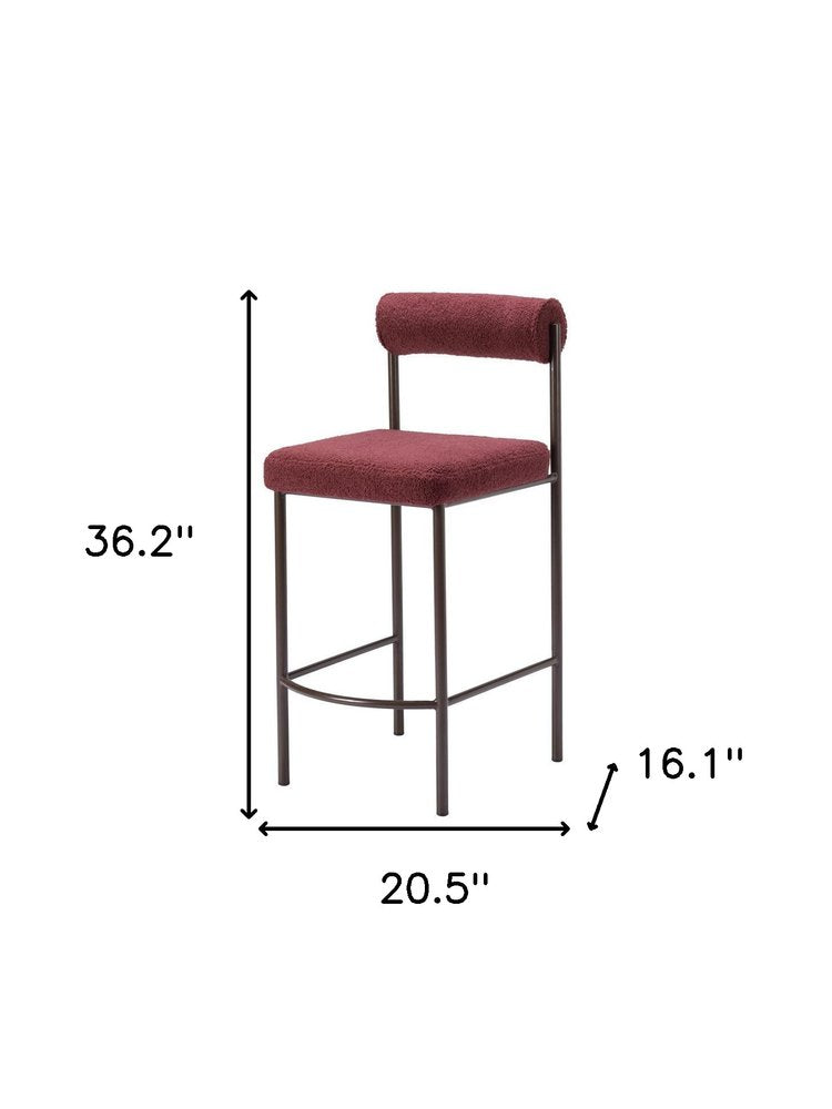 Set of Two 26" Red and Bronze Shearling and Steel Low Back Counter Height Bar Chairs