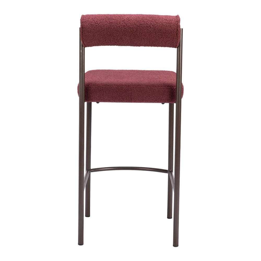 Set of Two 26" Red and Bronze Shearling and Steel Low Back Counter Height Bar Chairs