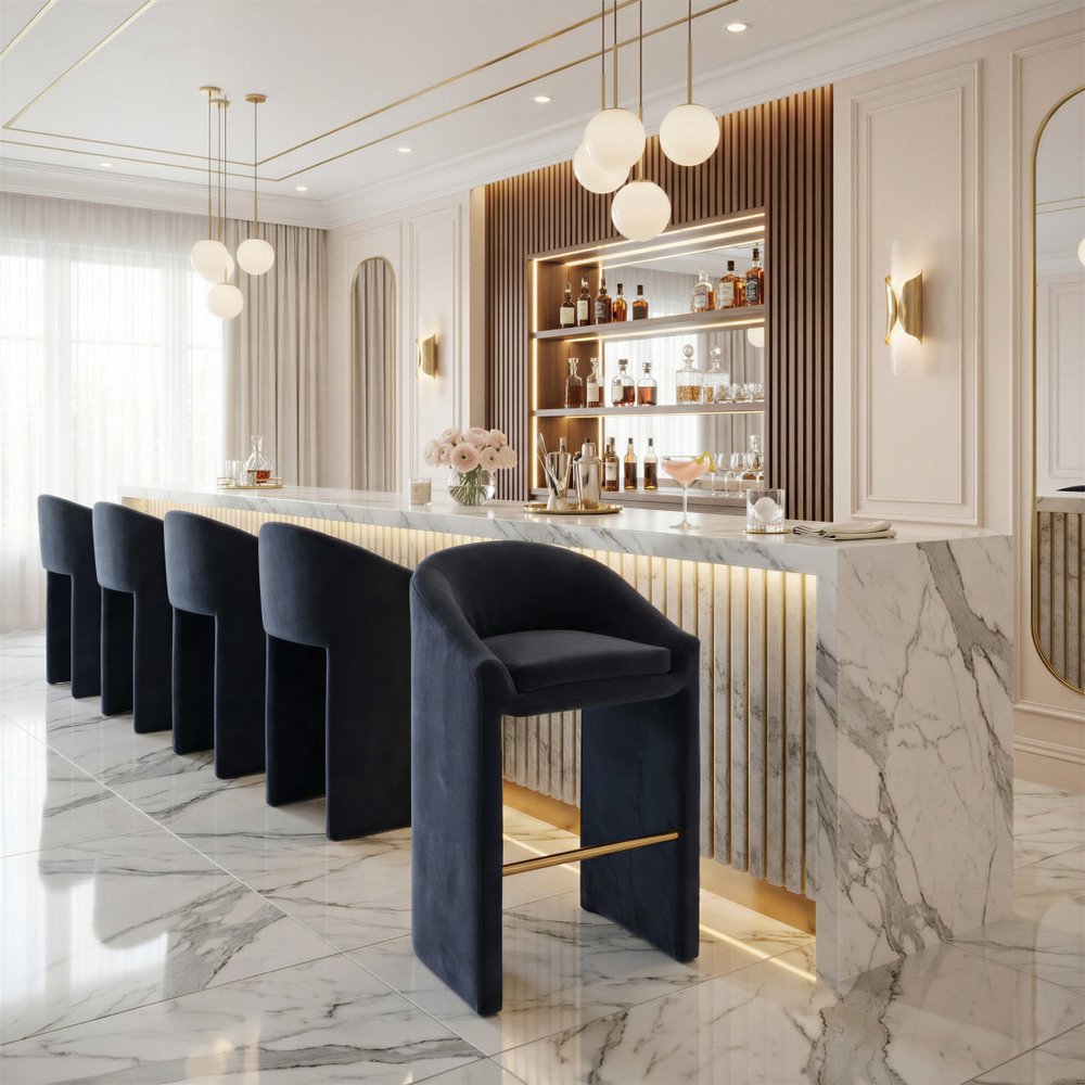 30" Gray And Gold Velvet And Steel Low Back Bar Height Bar Chair