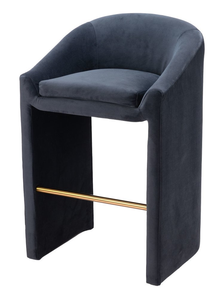 30" Gray And Gold Velvet And Steel Low Back Bar Height Bar Chair