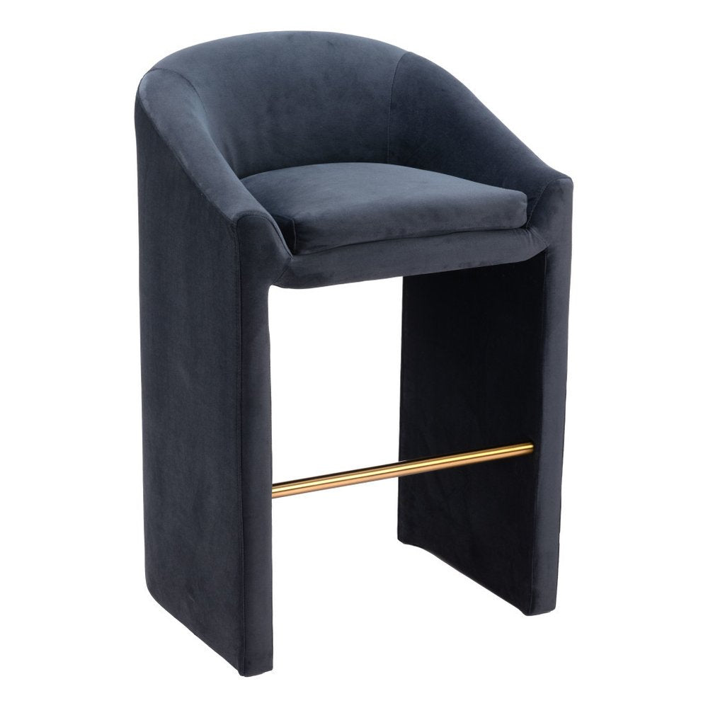30" Gray And Gold Velvet And Steel Low Back Bar Height Bar Chair