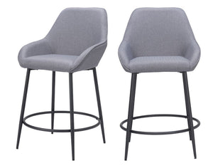 Set of Two 25" Gray And Black Fabric And Steel Counter Height Bar Chairs