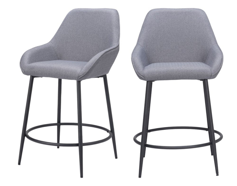 Set of Two 25" Gray And Black Fabric And Steel Counter Height Bar Chairs