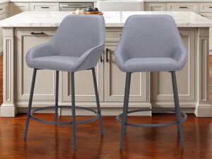 Set of Two 25" Gray And Black Fabric And Steel Counter Height Bar Chairs