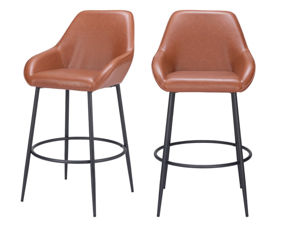 Set of Two 30" Brown And Black Faux Leather And Steel Bar Height Bar Chairs