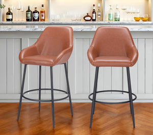 Set of Two 30" Brown And Black Faux Leather And Steel Bar Height Bar Chairs