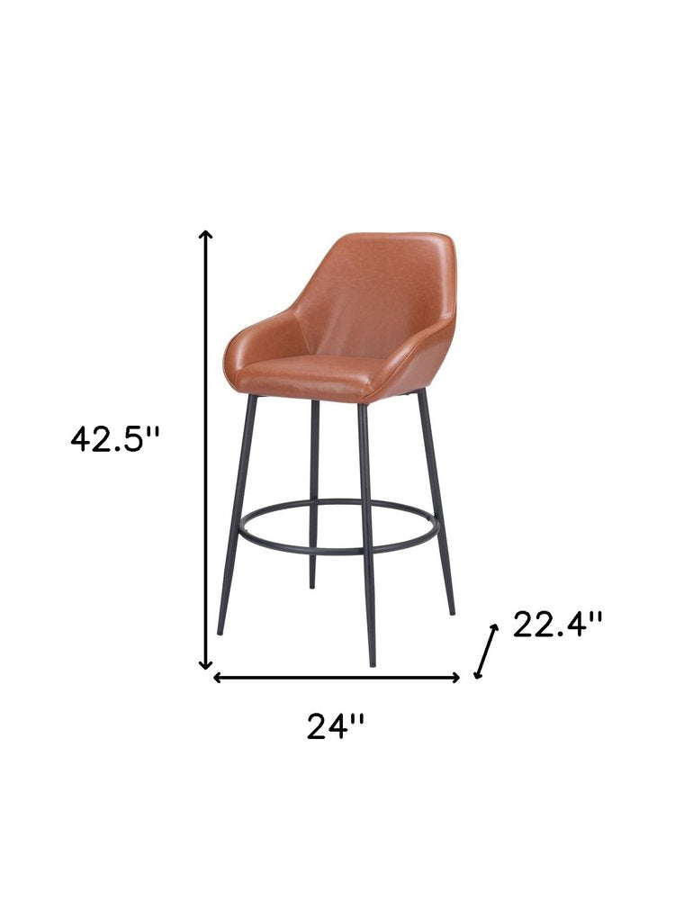 Set of Two 30" Brown And Black Faux Leather And Steel Bar Height Bar Chairs