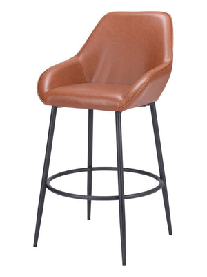 Set of Two 30" Brown And Black Faux Leather And Steel Bar Height Bar Chairs