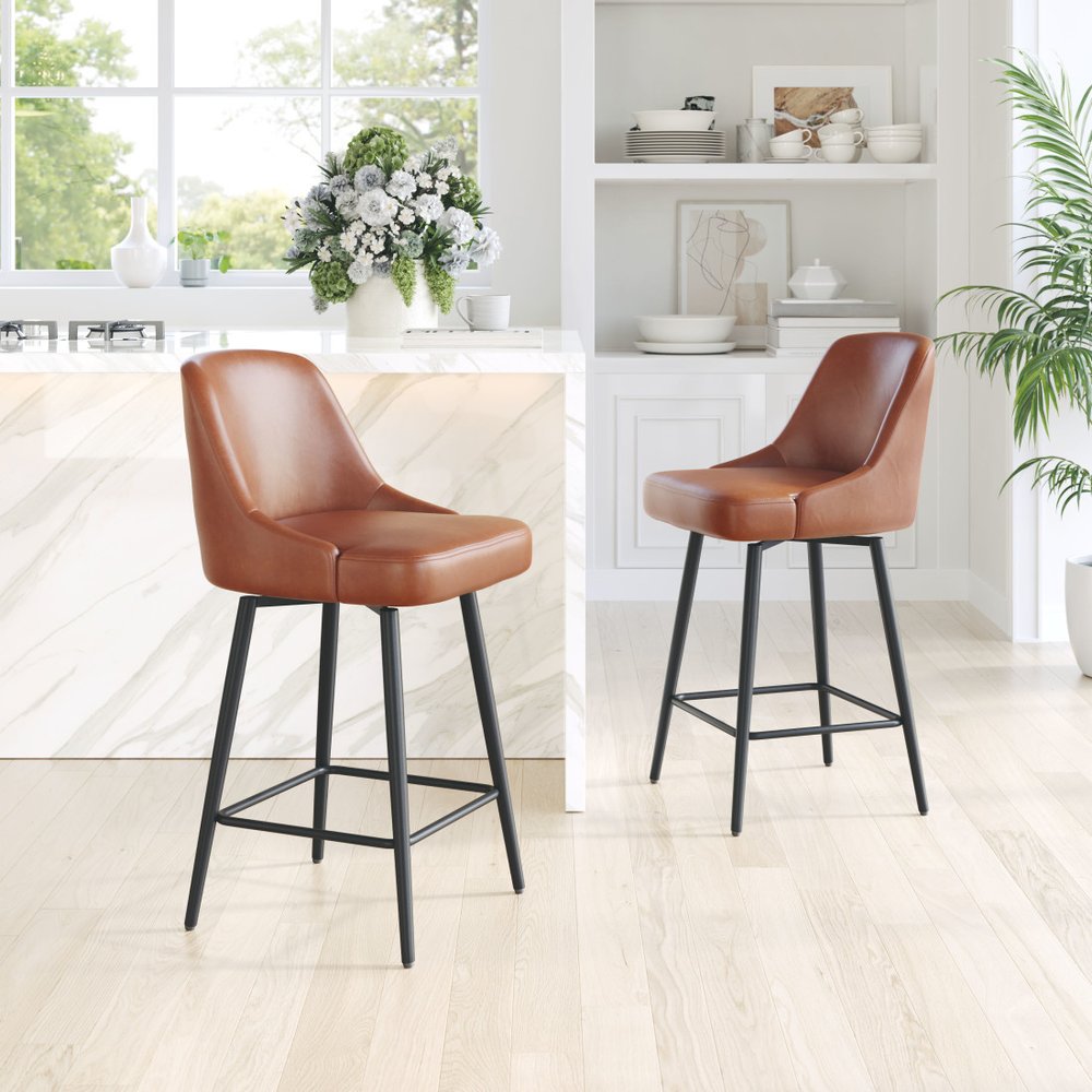 26" Brown And Black Faux Leather And Steel Counter Height Swivel Bar Chair