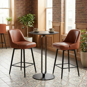 26" Brown And Black Faux Leather And Steel Counter Height Swivel Bar Chair